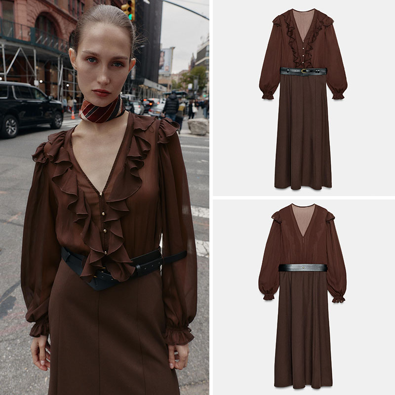 Ethnic Fashion Wear - Elegante V-hals midi-jurk met lange mouwen,