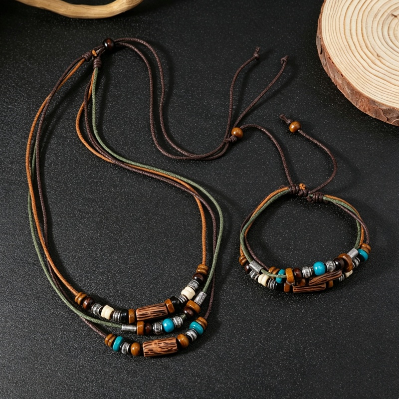 Fashion Ethnic Wear For Men - Vintage 2-laags kunstleer waxkoord sieradenset houten