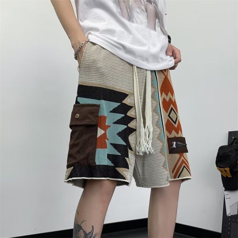 Ethnic Chic Fashion - Heren gebreide boho etnische vintage strandshorts,